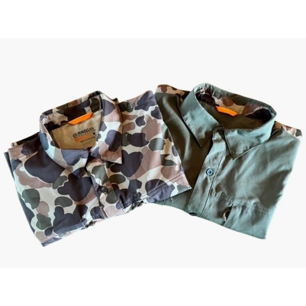2 Magellan Outdoors Mens Fishing Shirts Camo Olive Green Ripstop Size M
